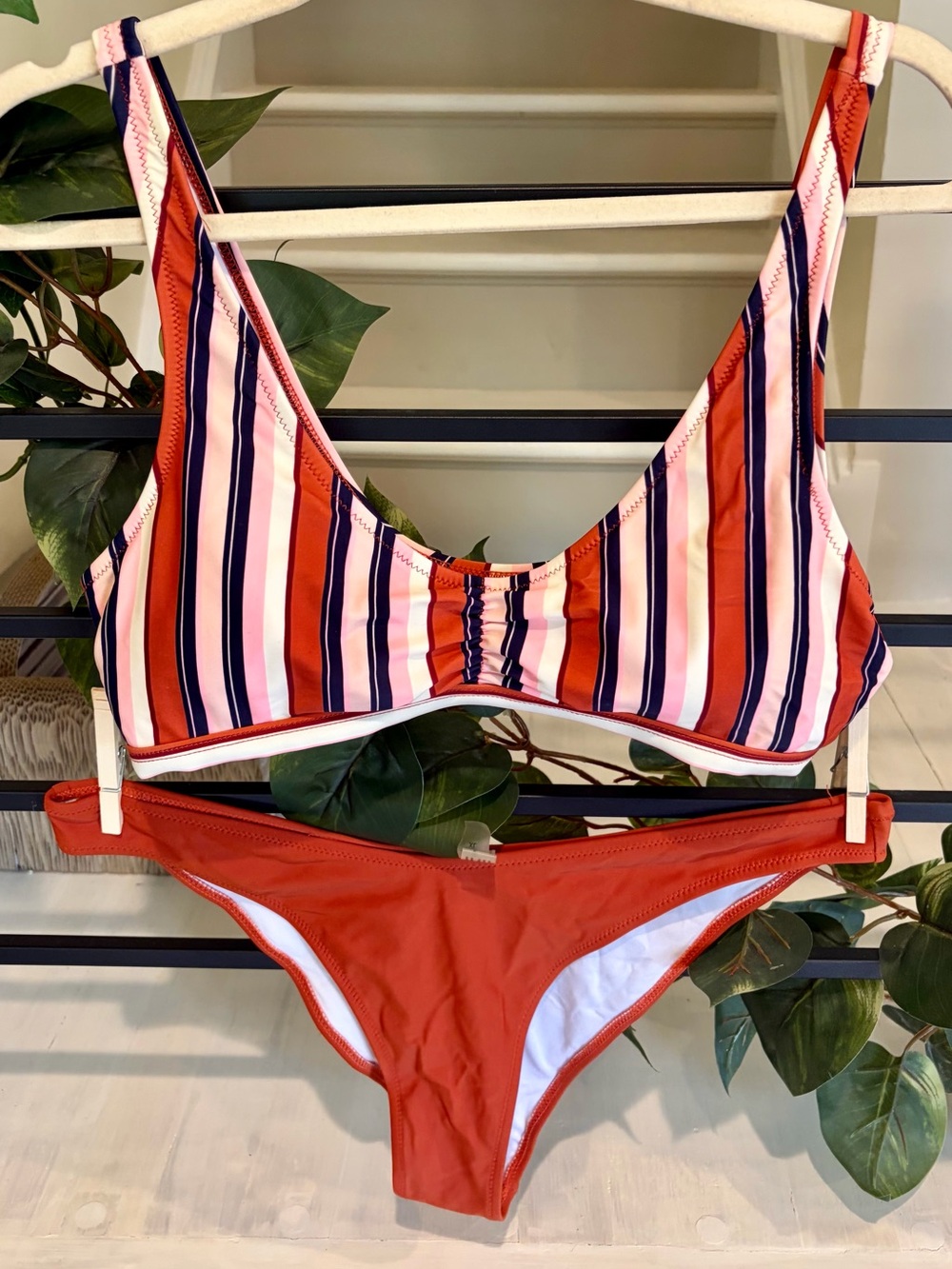 Cupshe XL Rust Stripe Bikini Set Pink Navy White Scoop Neck Swimwear
